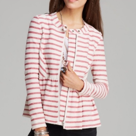 Free People Tops - FREE PEOPLE Red Cream Striped Peplum Zip Up Jacket Size XS